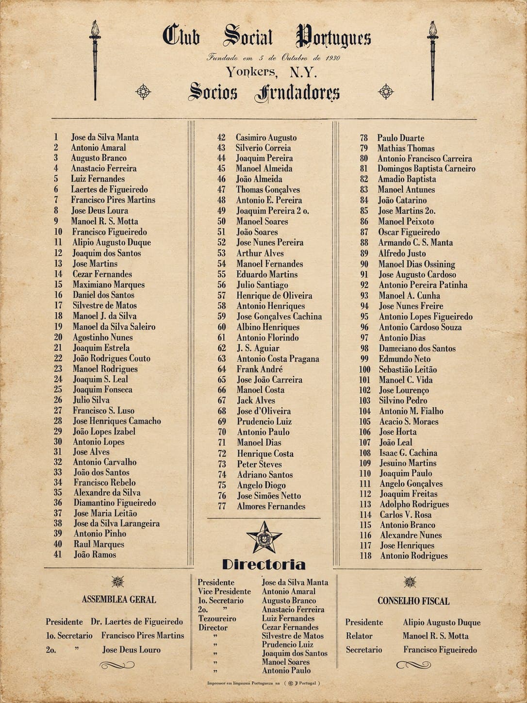 Founding members poster of the Club Social Português, Yonkers, N.Y., founded October 5, 1930